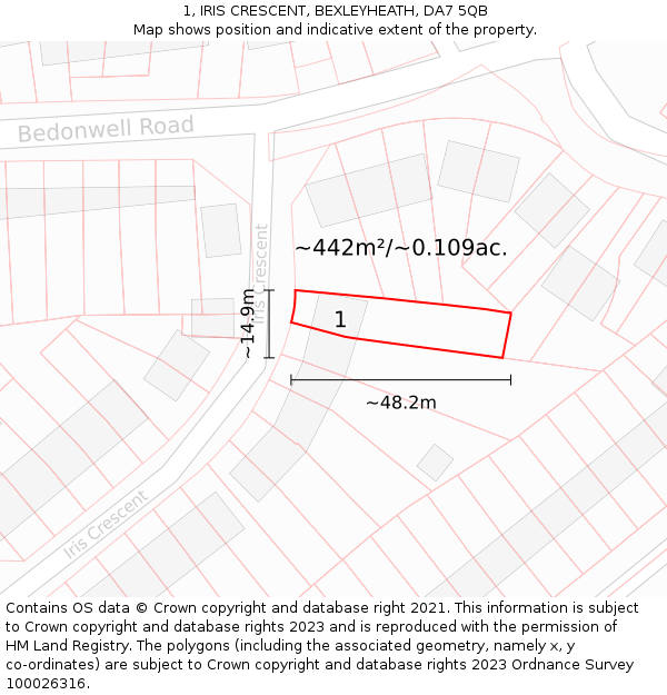 1, IRIS CRESCENT, BEXLEYHEATH, DA7 5QB: Plot and title map