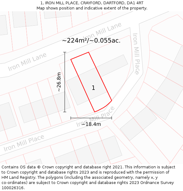 1, IRON MILL PLACE, CRAYFORD, DARTFORD, DA1 4RT: Plot and title map