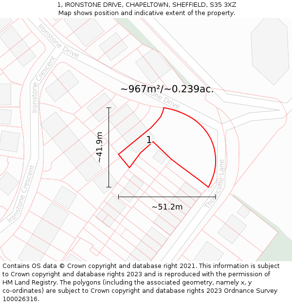 1, IRONSTONE DRIVE, CHAPELTOWN, SHEFFIELD, S35 3XZ: Plot and title map