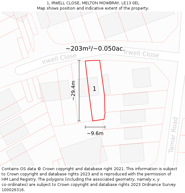 1, IRWELL CLOSE, MELTON MOWBRAY, LE13 0EL: Plot and title map