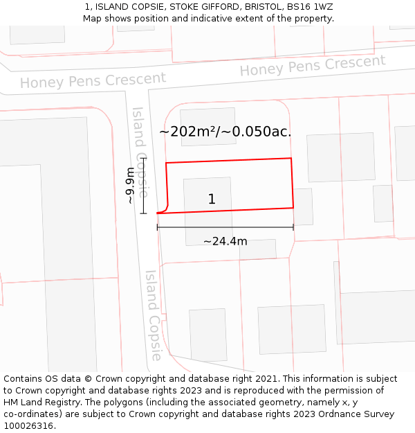 1, ISLAND COPSIE, STOKE GIFFORD, BRISTOL, BS16 1WZ: Plot and title map