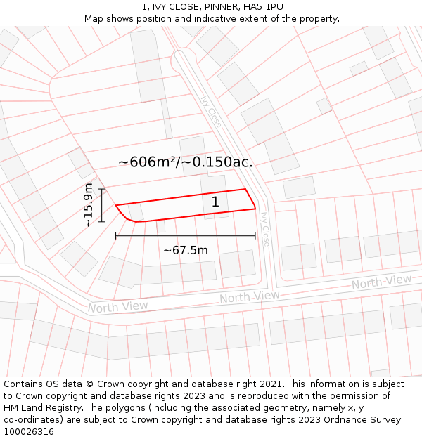 1, IVY CLOSE, PINNER, HA5 1PU: Plot and title map