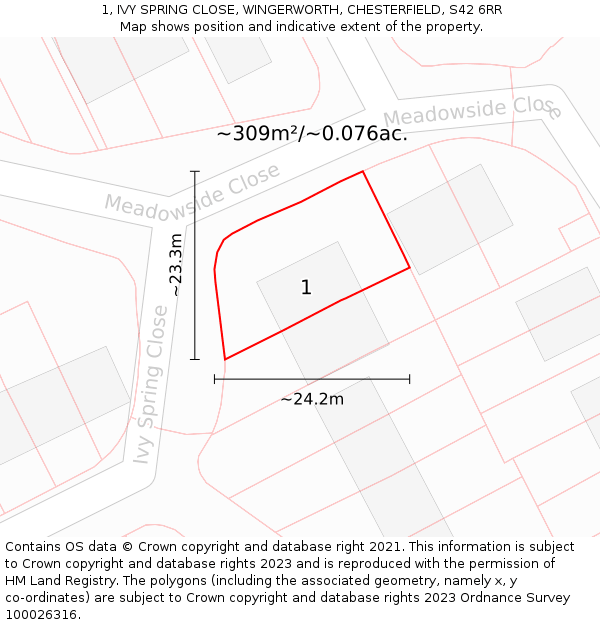 1, IVY SPRING CLOSE, WINGERWORTH, CHESTERFIELD, S42 6RR: Plot and title map