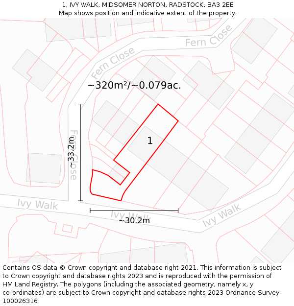1, IVY WALK, MIDSOMER NORTON, RADSTOCK, BA3 2EE: Plot and title map