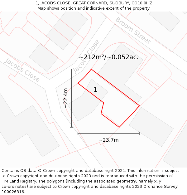 1, JACOBS CLOSE, GREAT CORNARD, SUDBURY, CO10 0HZ: Plot and title map