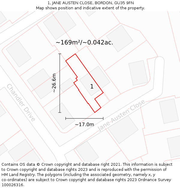 1, JANE AUSTEN CLOSE, BORDON, GU35 9FN: Plot and title map