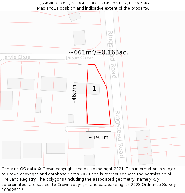 1, JARVIE CLOSE, SEDGEFORD, HUNSTANTON, PE36 5NG: Plot and title map