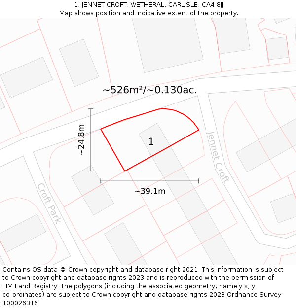 1, JENNET CROFT, WETHERAL, CARLISLE, CA4 8JJ: Plot and title map