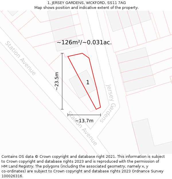 1, JERSEY GARDENS, WICKFORD, SS11 7AG: Plot and title map