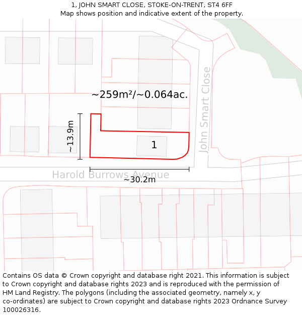 1, JOHN SMART CLOSE, STOKE-ON-TRENT, ST4 6FF: Plot and title map