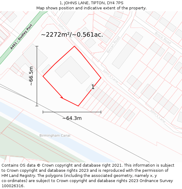 1, JOHNS LANE, TIPTON, DY4 7PS: Plot and title map