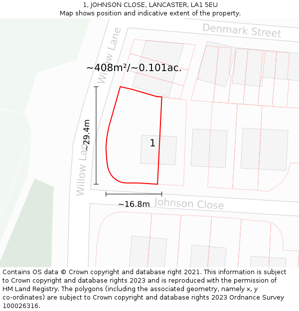 1, JOHNSON CLOSE, LANCASTER, LA1 5EU: Plot and title map