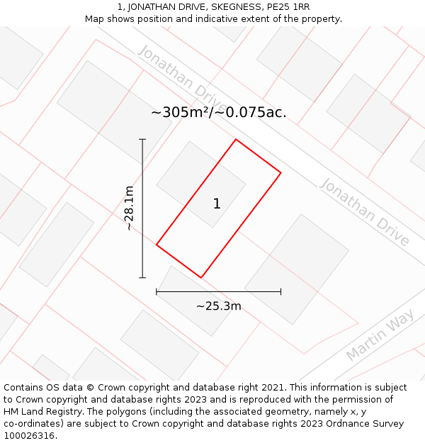 1, JONATHAN DRIVE, SKEGNESS, PE25 1RR: Plot and title map