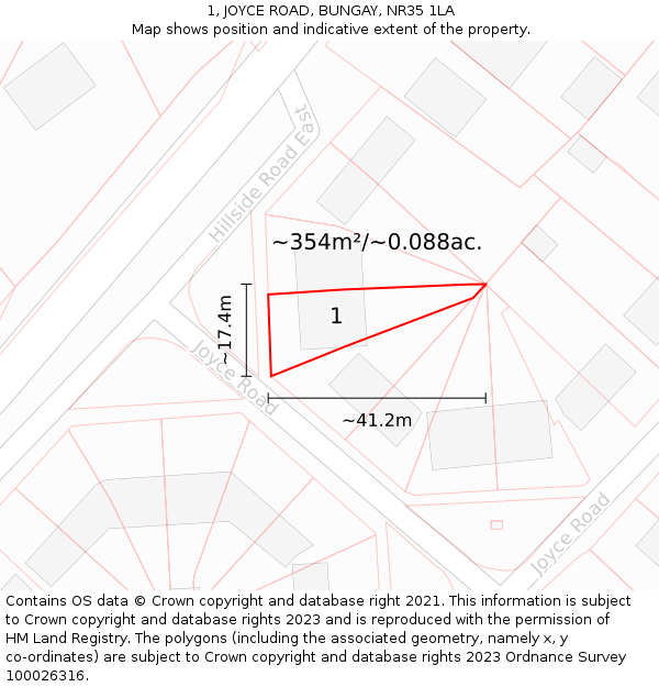1, JOYCE ROAD, BUNGAY, NR35 1LA: Plot and title map