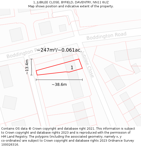 1, JUBILEE CLOSE, BYFIELD, DAVENTRY, NN11 6UZ: Plot and title map