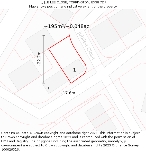 1, JUBILEE CLOSE, TORRINGTON, EX38 7DR: Plot and title map