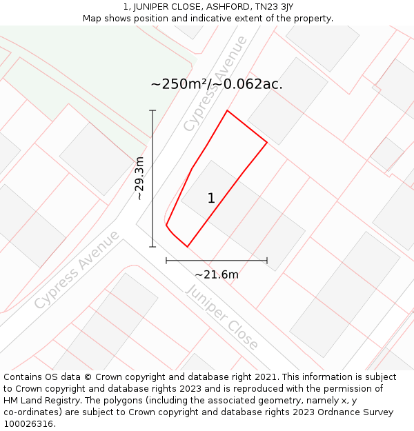 1, JUNIPER CLOSE, ASHFORD, TN23 3JY: Plot and title map