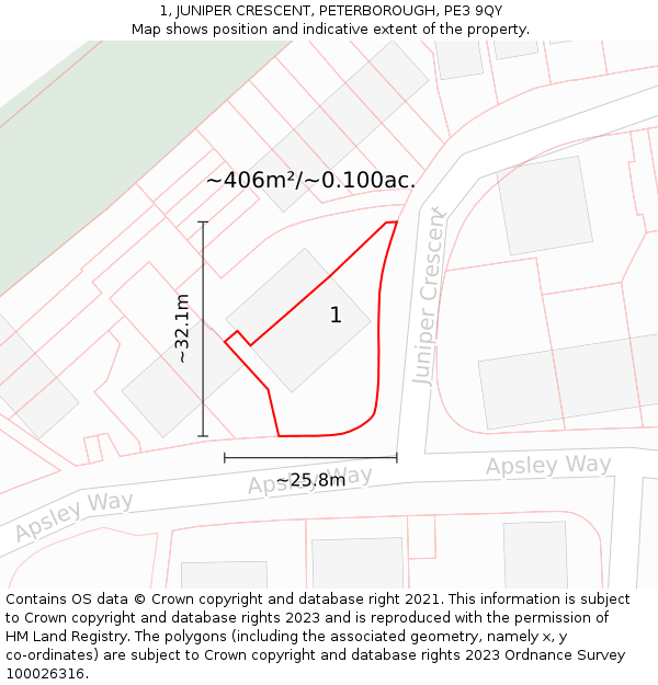 1, JUNIPER CRESCENT, PETERBOROUGH, PE3 9QY: Plot and title map