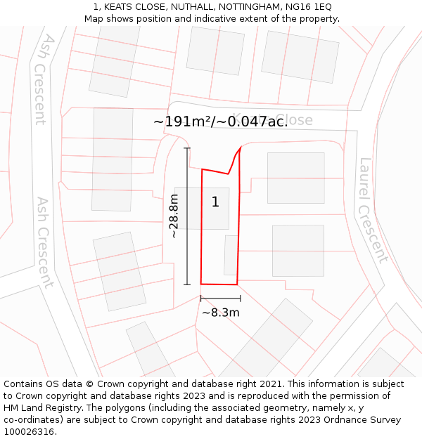 1, KEATS CLOSE, NUTHALL, NOTTINGHAM, NG16 1EQ: Plot and title map