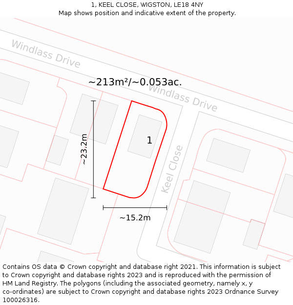 1, KEEL CLOSE, WIGSTON, LE18 4NY: Plot and title map