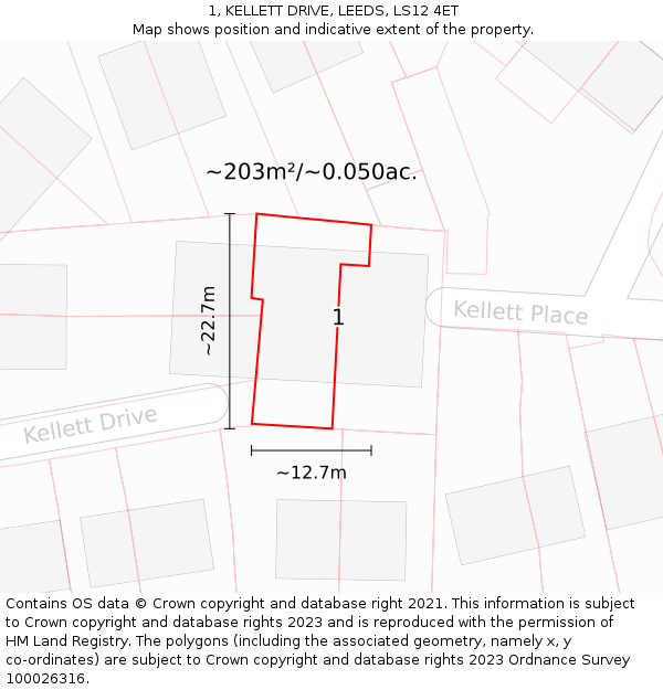1, KELLETT DRIVE, LEEDS, LS12 4ET: Plot and title map