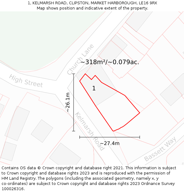 1, KELMARSH ROAD, CLIPSTON, MARKET HARBOROUGH, LE16 9RX: Plot and title map