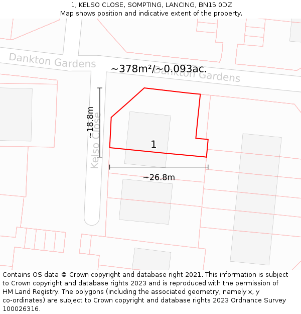 1, KELSO CLOSE, SOMPTING, LANCING, BN15 0DZ: Plot and title map