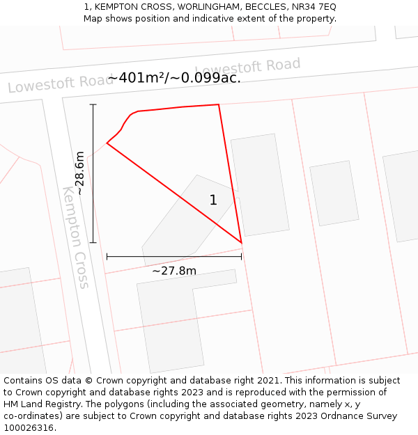 1, KEMPTON CROSS, WORLINGHAM, BECCLES, NR34 7EQ: Plot and title map