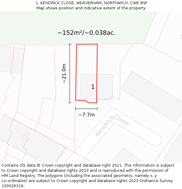 1, KENDRICK CLOSE, WEAVERHAM, NORTHWICH, CW8 3NF: Plot and title map