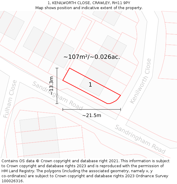 1, KENILWORTH CLOSE, CRAWLEY, RH11 9PY: Plot and title map