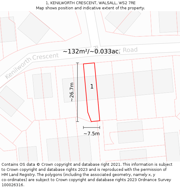 1, KENILWORTH CRESCENT, WALSALL, WS2 7RE: Plot and title map