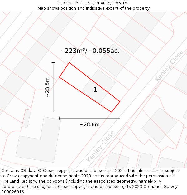 1, KENLEY CLOSE, BEXLEY, DA5 1AL: Plot and title map
