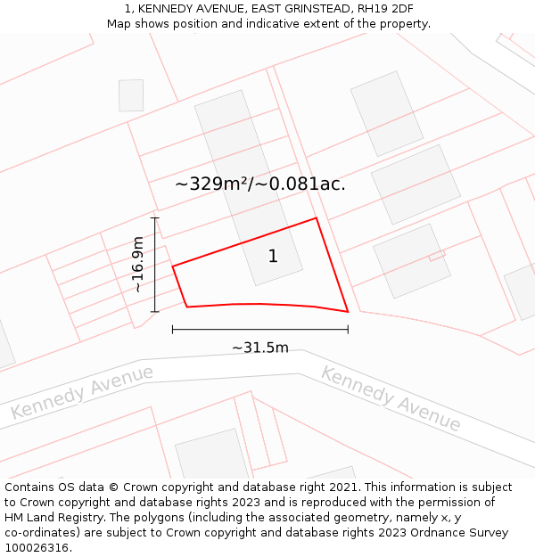1, KENNEDY AVENUE, EAST GRINSTEAD, RH19 2DF: Plot and title map