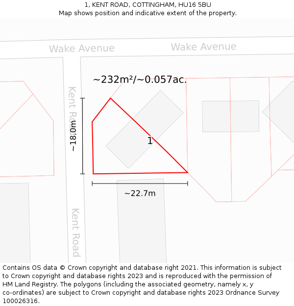 1, KENT ROAD, COTTINGHAM, HU16 5BU: Plot and title map