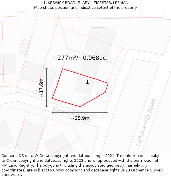 1, KESWICK ROAD, BLABY, LEICESTER, LE8 4AN: Plot and title map