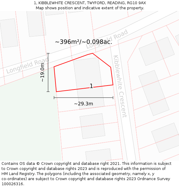 1, KIBBLEWHITE CRESCENT, TWYFORD, READING, RG10 9AX: Plot and title map