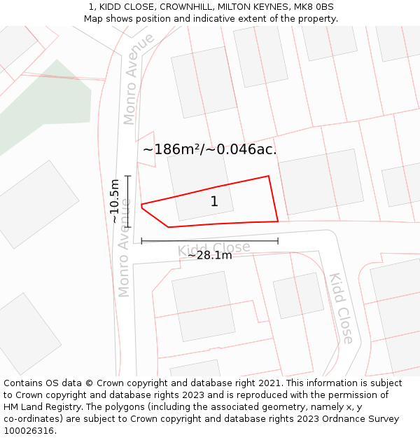 1, KIDD CLOSE, CROWNHILL, MILTON KEYNES, MK8 0BS: Plot and title map