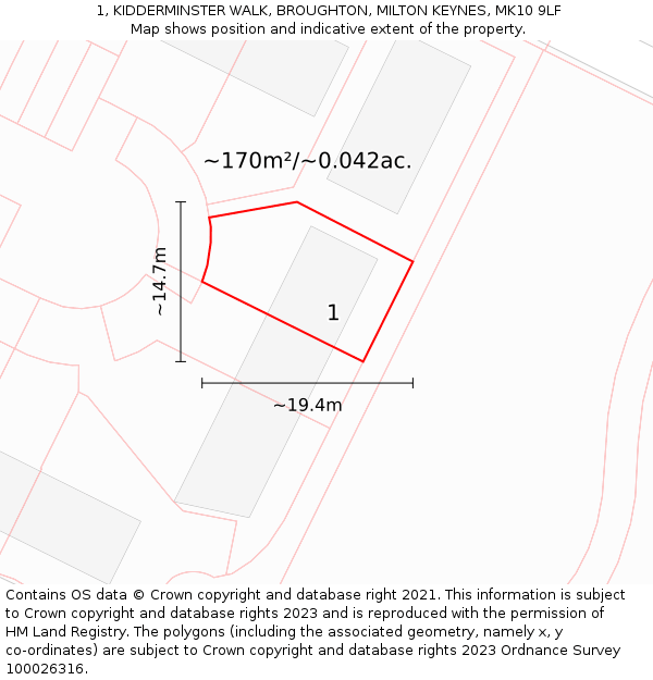1, KIDDERMINSTER WALK, BROUGHTON, MILTON KEYNES, MK10 9LF: Plot and title map