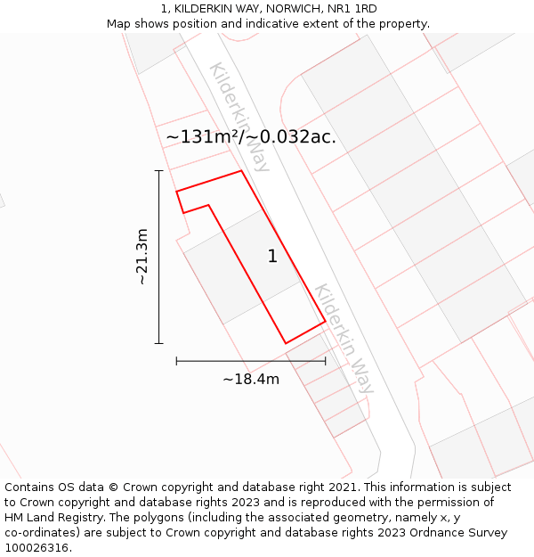 1, KILDERKIN WAY, NORWICH, NR1 1RD: Plot and title map