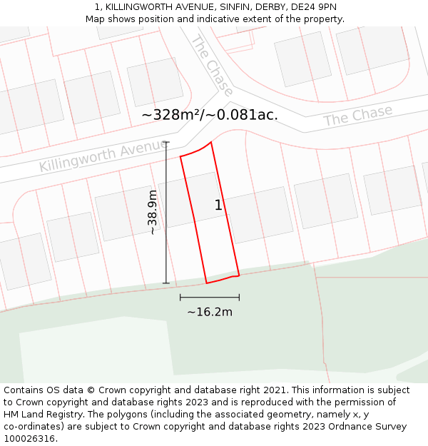 1, KILLINGWORTH AVENUE, SINFIN, DERBY, DE24 9PN: Plot and title map
