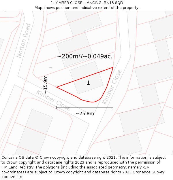 1, KIMBER CLOSE, LANCING, BN15 8QD: Plot and title map