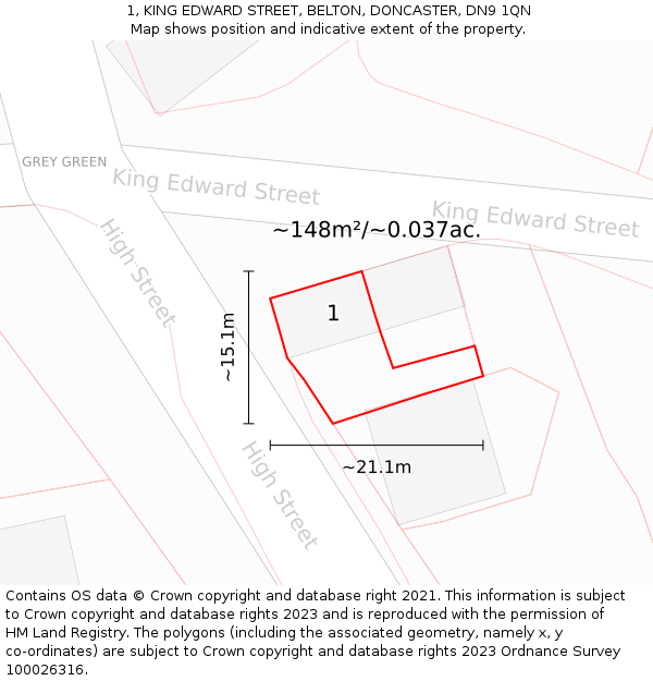 1, KING EDWARD STREET, BELTON, DONCASTER, DN9 1QN: Plot and title map
