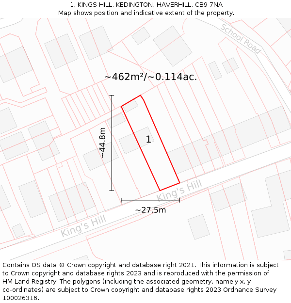 1, KINGS HILL, KEDINGTON, HAVERHILL, CB9 7NA: Plot and title map