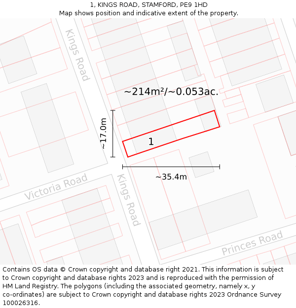 1, KINGS ROAD, STAMFORD, PE9 1HD: Plot and title map