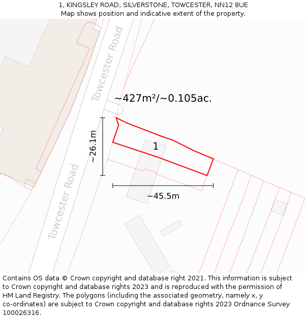 1, KINGSLEY ROAD, SILVERSTONE, TOWCESTER, NN12 8UE: Plot and title map