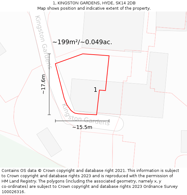 1, KINGSTON GARDENS, HYDE, SK14 2DB: Plot and title map