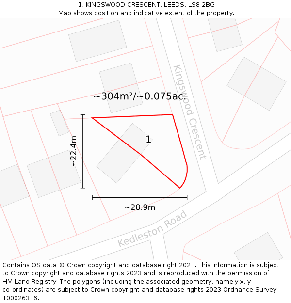 1, KINGSWOOD CRESCENT, LEEDS, LS8 2BG: Plot and title map