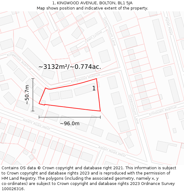 1, KINGWOOD AVENUE, BOLTON, BL1 5JA: Plot and title map