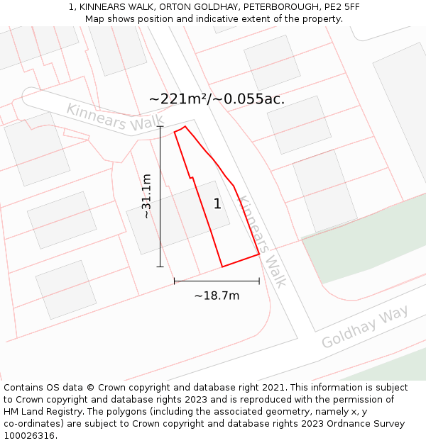 1, KINNEARS WALK, ORTON GOLDHAY, PETERBOROUGH, PE2 5FF: Plot and title map