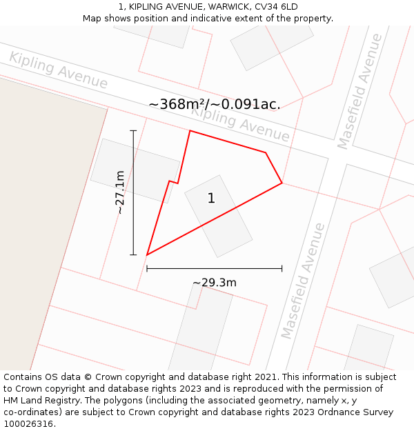 1, KIPLING AVENUE, WARWICK, CV34 6LD: Plot and title map